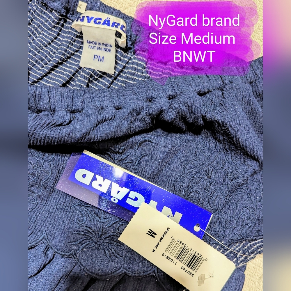 NyGard brand size Petite Med BNWT, off the shoulder flowy, indigo shirt - Picture 2 of 13